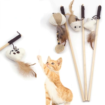 Novo Mouse Gato Vara Estendida Brinquedo Do Gato Pet Shop Pena De Bell A Vara De Madeira De Gato Vara Suprimentos Para Animais De Estimação
