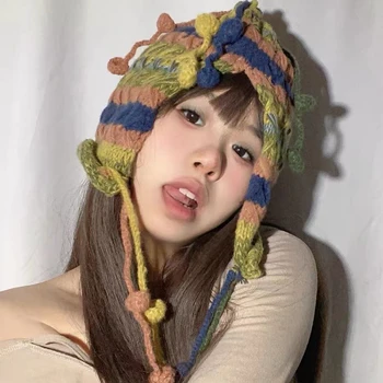 Japonês Artesanais Coloridas, Franjas Pom-pom Cordão Beanies para as Mulheres de Outono e Inverno Proteção de Orelha Quente de Malha Bombardeiro Chapéu