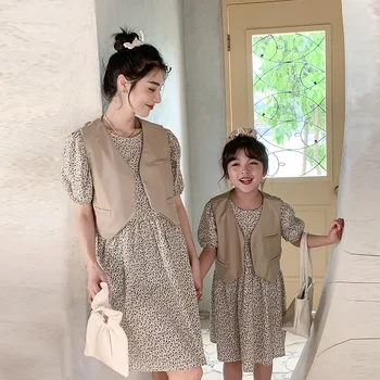 Coordenada Mãe e Filha Combinando Igual Conjunto de Vestido Mãe do Bebê Roupa de Menina Mulheres Colete sem Mangas de Vestidos de 2 Peças de Roupas