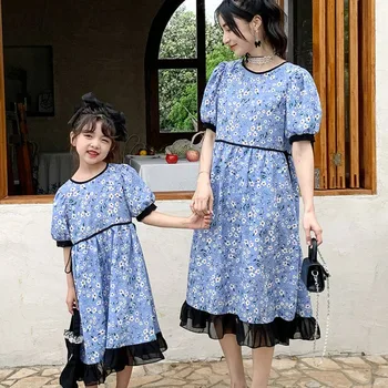 Correspondência de Família Roupas de Verão Nova Mãe e Filha Combinando as Roupas coreano Chiffon Mulheres Vestidos de Moda Mãe Roupas de Crianças