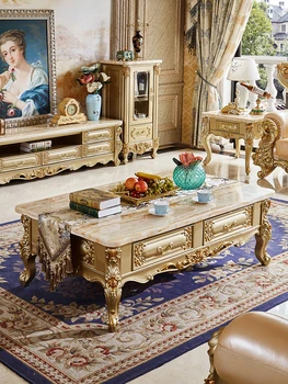 Estilo europeu mesa de café, todos os sólidos de madeira, ouro bancada de mármore, armário de TV, conjunto de quadrados, luxuoso conjunto de