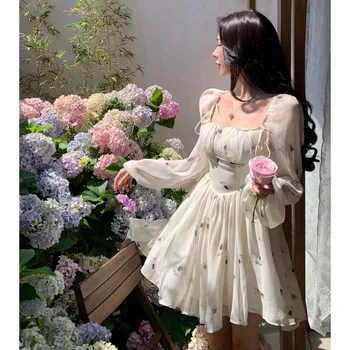 Férias Vestido De Chiffon Mulheres Impressão De Flor De Manga Longa Mini Moda Elegante E Doce Vestido De Verão Bolha De Manga Fairy Dress Design
