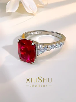 2023 Nova Prata 925 Anel Incrustado com 8 * 10 Pombo Sangue Ruby Luxo Total de Diamante para uso Diário