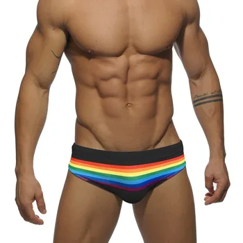 Sexy arco-íris Listrado de Mens Swimwear Resumos de Natação Push-Up Maiô Homens Nadar Desgaste de Verão, Homens maiô de Baixo crescimento Praia Curto