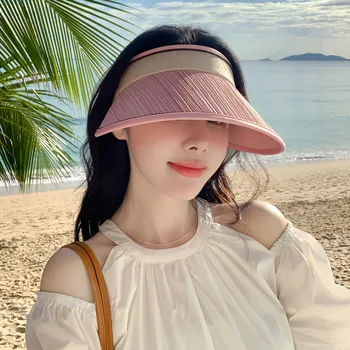 O coreano Chapéu de Mulheres Metal Letra M Marca de Cor Sólida Listrado de Proteção solar Viseira Chapéu de Sol de Verão ao ar livre Chapéu de Sol Novo