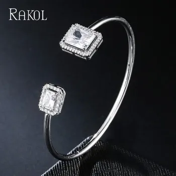 RAKOL Moda Quadrado Branco Zircão Ajustável Abrir o Bracelete para Mulheres de Cristal de Luxo Punho Pulseira de Casamento Noivado Jóias