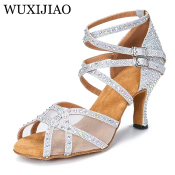 Diamante incrustado de dança latina sapatos de Mulheres sandálias de salto alto Interior macio, com solado de dança sapatos Partido social dança sapatos