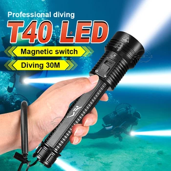 T40 Profissional Led de Alta Potência de Mergulho Lanterna Potente Recarregáveis Levou Lanterna de Mergulho IPX8 Impermeável Subaquático da Mão Tocha