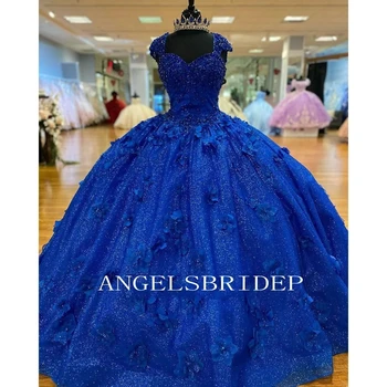 Angelsbridep Azul Royal Lantejoulas Beading Mangas Brilhante Vestido de baile Vestidos de Quinceanera feitos à mão Flores em 3D Doce De 15 Desgaste do Partido