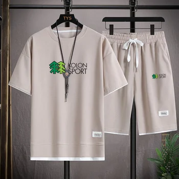 O verão masculino de 2 peças Top+Shorts Moda Sportswear Impressão Solta Harajuku Estilo Street Vestuário Casuais Novo Conjunto de Aventura ao ar livre