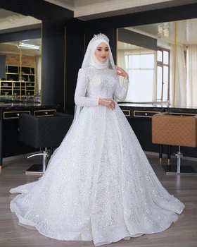 Musulmanes Lantejoulas Vestido De Noiva Beading Feito De Mangas Compridas, Uma Linha De Vestidos De Noiva Vestido De Noiva