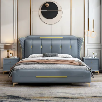 Bed1.De 8 metros de cama de casal, de 1,5 metros de couro de arte cama, o quarto, moderno e simples Europeia cama macia, luz de casamento de luxo cama