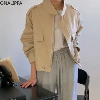 Onalippa Safari Estilo Stand Colarinho Casacos para Mulheres Sólido Zíper Cordão Cropped Tops coreano Design Elegante Multi-Bolsos do Casaco