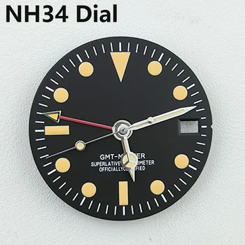 NH34 de discagem GMT dial Vintage com ligação a Quatro Mãos Verde Luminoso Mostrador do Relógio para NH34 Movimento Modificado Mostradores de Relógio de Substituição de peças