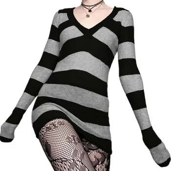 E-menina Shopping Emo Goth 00 Vintage Mini Vestido Y2K Grunge Listrada de Malha Decote em V Vestido de Camisola Mulheres de Outono, Primavera Slim Fit Jumpers