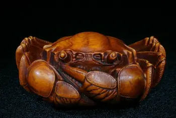 Chinês buxo mão esculpida riqueza caranguejo Figura estátua netsuke antigo colecionável