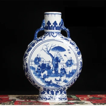 Azul E Branco Chinês Antigo Vaso De Porcelana Da Dinastia Qing Rodada Lua China Antiga Figura Pintura De Vaso Vintage Vaso Rústico