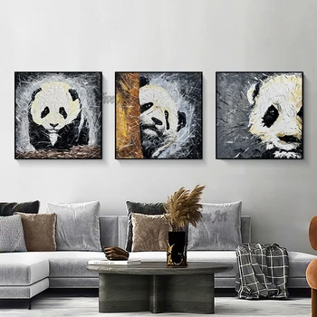 3 Pedaço De Lona De Arte Panda Adorável Animal De Pintura A Óleo 100% Artesanais Alta Qualidade De Lona, Decoração Moderna Imagem Unframed