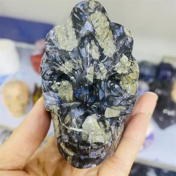 Bela Azul Natural Blende Escultura Polido Osso Do Crânio Espírito De Meditação Pedra De Feitiço Crânio Decoração Da Casa De Cura Energética