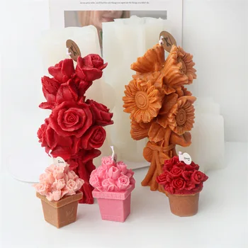 7-19cm Rosa pote de vela do molde de silicone, Girassol, tulipa buquê de vela do molde de silicone decoração de Natal Flor de resina, gesso do molde