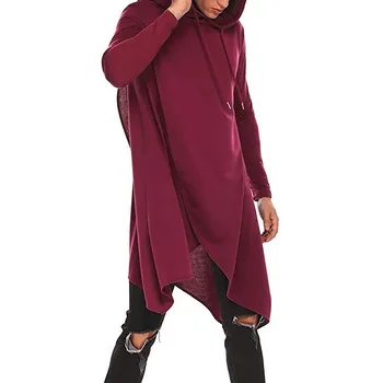 Moda masculina Irregular Concepção de Bainha Plus Size Suéter Casaco de Outono Casual Solta Cor Sólida Cordão de Moletom com Capuz