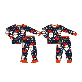 Estilo de natal o Irmão e a Irmã Pijama Conjunto de Meninos e Meninas de calças compridas de manga Longa pijama conjunto Santa + Boneco de neve padrão