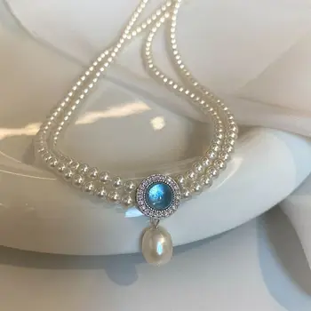Vintage Azul Cristal Gargantilha para as Mulheres de Camada Dupla, Branco Pérola de Imitação Colares Tendência de Jóias de Casamento Elegante