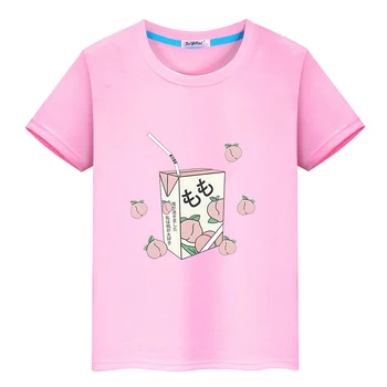 Japonês de Suco de Pêssego Cartoon T-shirt Crianças Kawaii Gráfico de T-shirt 100% Algodão Verão Confortável Camiseta Meninos e Meninas Tees