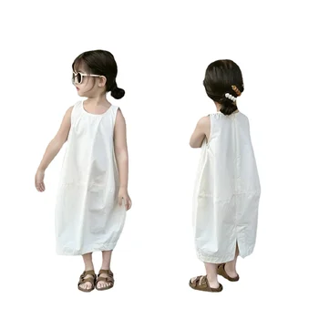 Branco coreano Bud Vestido de 2023 Verão do Algodão Saia Meninas Vestidos Casuais de UMA LINHA de 2 a 8 Anos de Idade Roupas de Crianças