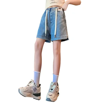 Nova Verão Meninas Adolescentes Moda Vintage Shorts de Cor Azul Roupas de Crianças da Escola Estilo Casual e Elegante Sólido Shorts Jeans 6 8 9 10 14Y