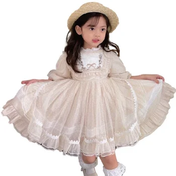 MODX espanhol estilo Princesa Vestido de Menina Vestidos de Festa Metade Mangas compridas Bege Roupas de Lolita Festa de Traje de Noite os Dons