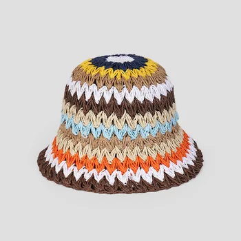 Verão chapéu de balde para as mulheres Dobrável Mão de crochê Colorido Chapéu de Palha pequena Deixe de Férias da Bacia do Chapéu do Sol Chapéu, que, para a Menina