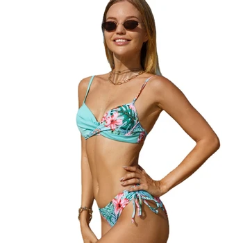 Flor Impresso Swimwear das Mulheres de Cintura Alta roupa de Banho 2 peças de Biquíni Dividir sem encosto Beachwear Alça de Verão Maiô Novo 2023