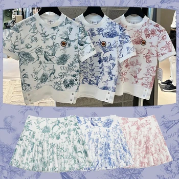 Mulheres Vestuário de Golfe 23 Set Impresso Manga Curta T-shirt Plissado Saia Curta Anti-Brilho Tendência de Moda da Saia