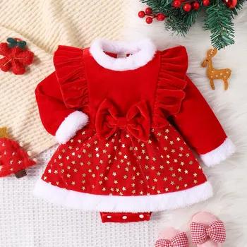 2023 Natal Bebê Vermelho Romper Do Recém-Nascido Criança Infantil Menina De Veludo Plissado Inverno Macacão De Natal De Ano Novo Trajes 3 6 12 24 Meses