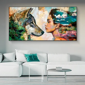 Arte de parede de um Lobo e Menina de Pôsteres e Impressões em Tela de Pintura Animal Figura Pintura para Sala de estar no Quadro de Decoração de Casa de Cuadros