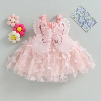 2023-05-29 Lioraitiin Bebê Recém-nascido Menina de Moda de Vestido de Verão a Borboleta 3D Ruched sem Mangas em Camadas Cami Vestido de Princesa