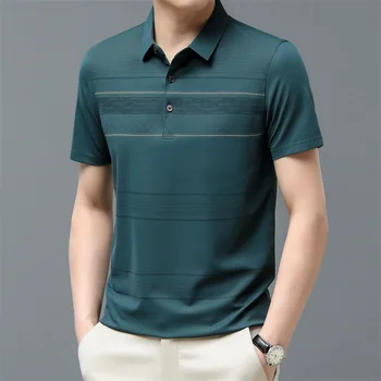 Homens em Camisas do Golfe Lapela T-Shirts Fino Elástico Listrado de Manga Curta Tops da Moda Casual Polo camisas Esportivas Homens Verão