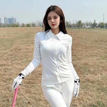 O Coreano De Golfe De Senhoras Protetor Solar Camisa De Polo De Zíper Lapela De Gelo Seda Fina De Mulheres Maiores De Camisa De Manga Longa E Vestuário De Golfe