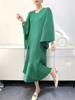 High-End Miyake Design de Moda de Vestido para as Mulheres de Verão Novo Simples, Cor Sólida Plissado Slim Fit Emagrecimento Lanterna Mangas de Vestidos