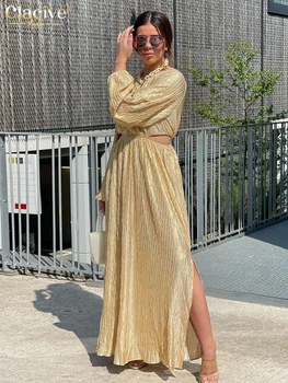 Clacive Moda de Ouro Plissado Vestido das Mulheres 2023 Elegante O-Pescoço Longo da Luva do Tornozelo Comprimento do Vestido Vintage Oco-de-Fenda, Vestidos de Festa