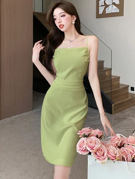 2023 Verde Elegante Sem Mangas Funda Mini Vestido De Verão Branco Elegante Bodycon Vestido Das Mulheres Coreano Moda Casual, Festa Vestido De Noite