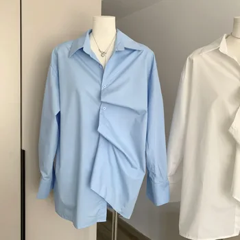 Y2K Cor Sólida Assimétrico Botão Tops coreano Moda Casual de Metrô Para as Mulheres Dobras Camisa Blusas 2023