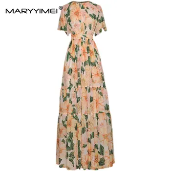 MARYYIMEI Designer de Moda com Mulheres de vestido Curto mangas-Floral Impressão Boêmio de Férias Maxi Vestidos Longos