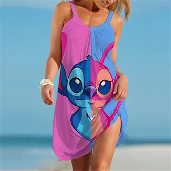 Mulheres Stitch Vestido de Verão Disney sem Mangas Botão 2023 Midi Vestido Feminino Sexy Impressão 3D Maxi Vestidos