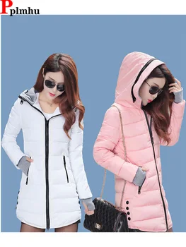 O coreano Y2k Slim com Capuz Mulheres Parkas Moda comprimento Médio de Algodão, Casacos de Inverno Acolchoado Grosso Casaco Casual de Neve de grandes dimensões Outerwear