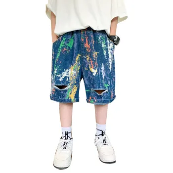 2023 Verão Azul Rasgado Shorts Jeans Para O Teen Boy Color Imprimir Escola Jeans Curto Com Furo De Idade 5 6 7 8 9 10 11 12 13 14 Ano Velho