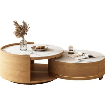 L Nórdicos log estilo de ardósia, sala de estar pequeno apartamento de luz de luxo, simples, de alta a baixa circular retrátil mesa de chá combinação