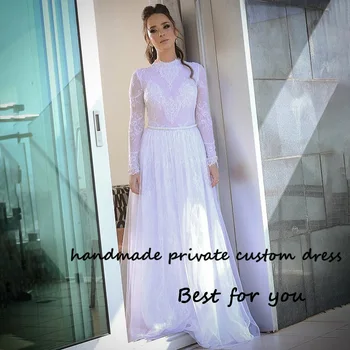 Branco Vestidos De Noiva De Renda De Manga Comprida, Com Gola Alta, Dubai Muçulmano Vestido De Noiva Tule Macio Longo Casamento Vestidos De Noiva Personalizados