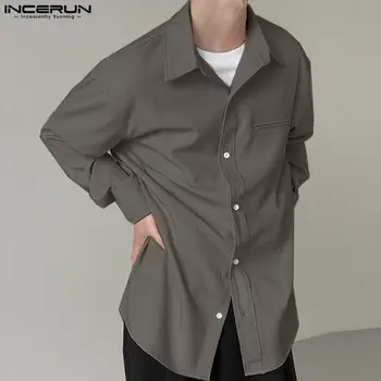 INCERUN 2023 Homens Casual Camisa de Cor Sólida Lapela de Manga Longa Homens Roupas Soltas Estilo coreano Moda Streetwear Camisas S-5XL